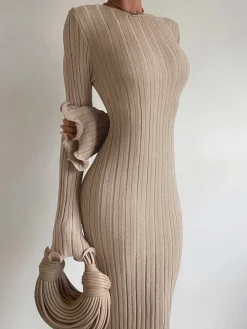 Tranquility Rib Open Back Long Sleeve Long Dress Sweater Dresses|Sweater Dresses