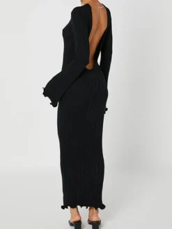 Tranquility Rib Open Back Long Sleeve Long Dress Sweater Dresses|Sweater Dresses