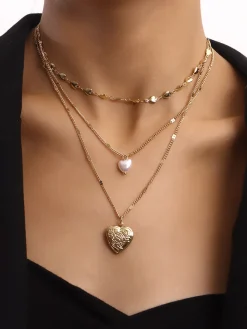 Online Triple Layered Heart Charm Necklace Necklaces|Accessories