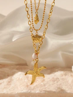 Outlet Triple Layers Pearl Starfish Necklace Necklaces|Accessories