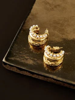 Triple-Layer Pearl Detail Hoop Earrings Earrings|Accessories