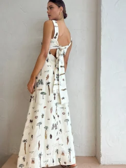 Tropical Print Knotted Long Dress White Dresses|Casual Dresses