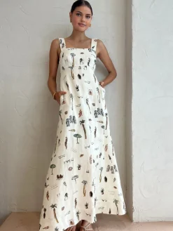 Tropical Print Knotted Long Dress White Dresses|Casual Dresses