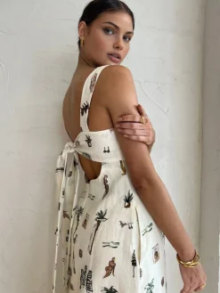 Tropical Print Knotted Long Dress White Dresses|Casual Dresses