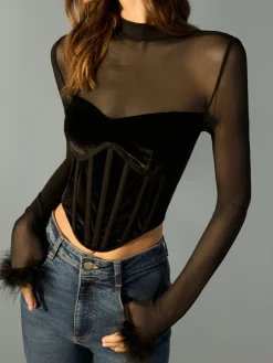 Best Tulle Panel Velvet Crop Blouse Crop Tops|Blouses & Shirts