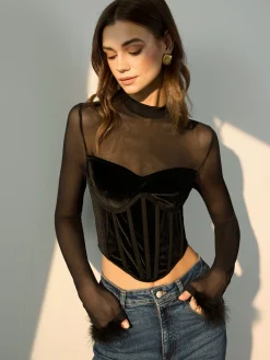 Best Tulle Panel Velvet Crop Blouse Crop Tops|Blouses & Shirts