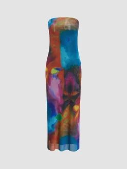New Tulle Printed Mesh Strapless Tube Midi Dress Cocktail & Party Dresses|Vacation Dresses