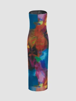 New Tulle Printed Mesh Strapless Tube Midi Dress Cocktail & Party Dresses|Vacation Dresses