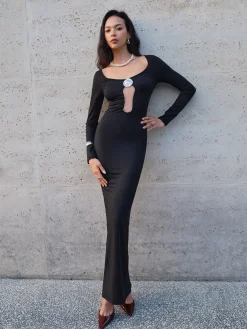 Tulle-Detail Metal Jersey Dress Black Dresses|Casual Dresses