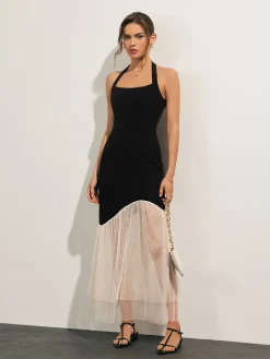 New Tulle-Hem Slim Halter Long Dress White Dresses|Casual Dresses
