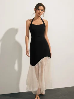 New Tulle-Hem Slim Halter Long Dress White Dresses|Casual Dresses