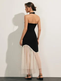 New Tulle-Hem Slim Halter Long Dress White Dresses|Casual Dresses