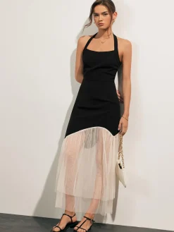 New Tulle-Hem Slim Halter Long Dress White Dresses|Casual Dresses