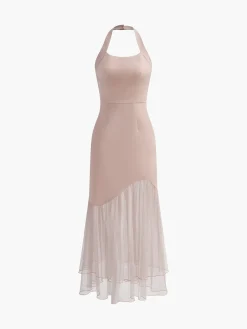 New Tulle-Hem Slim Halter Long Dress White Dresses|Casual Dresses