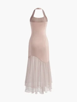New Tulle-Hem Slim Halter Long Dress White Dresses|Casual Dresses