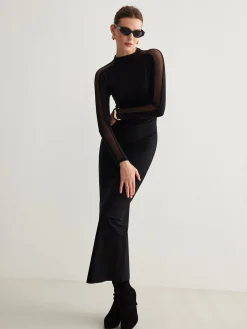 Best Tulle-Sleeve Plain Slim Dress Black Dresses|Casual Dresses