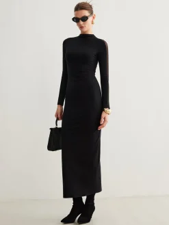Best Tulle-Sleeve Plain Slim Dress Black Dresses|Casual Dresses