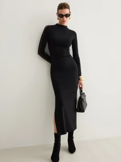 Best Tulle-Sleeve Plain Slim Dress Black Dresses|Casual Dresses