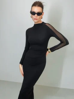 Best Tulle-Sleeve Plain Slim Dress Black Dresses|Casual Dresses