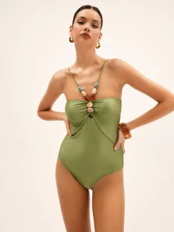 New Tummy Control Texture Beaded One Piece Swimsuit Swimwear|Tops