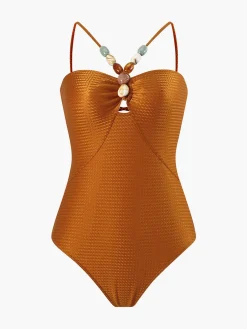 New Tummy Control Texture Beaded One Piece Swimsuit Swimwear|Tops