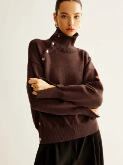 Hot Turtleneck Asymmetrical Button Sweater Sweater Tops|Sweaters & Cardigans
