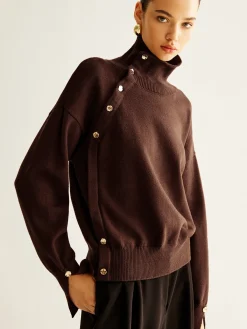 Hot Turtleneck Asymmetrical Button Sweater Sweater Tops|Sweaters & Cardigans