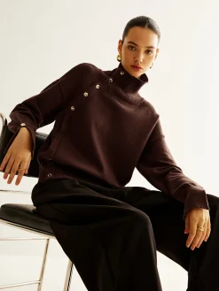 Hot Turtleneck Asymmetrical Button Sweater Sweater Tops|Sweaters & Cardigans