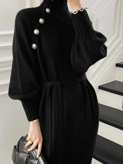 Hot Turtleneck Button Belted Sweater Dress Black Dresses|Sweater Dresses