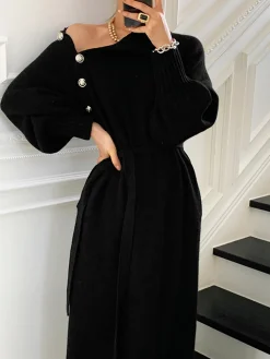 Hot Turtleneck Button Belted Sweater Dress Black Dresses|Sweater Dresses