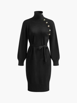 Hot Turtleneck Button Belted Sweater Dress Black Dresses|Sweater Dresses