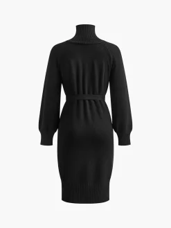 Hot Turtleneck Button Belted Sweater Dress Black Dresses|Sweater Dresses