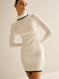 Turtleneck Contrast Trim Sweater Dress White Dresses|Sweater Dresses