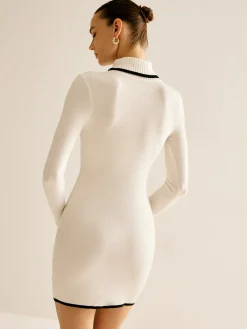 Turtleneck Contrast Trim Sweater Dress White Dresses|Sweater Dresses