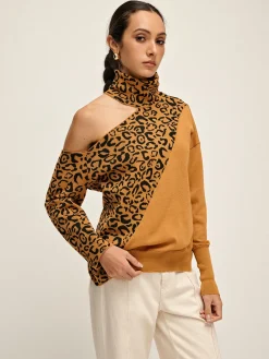 New Turtleneck Cutout Leopard Patchwork Knit Top Sweater Tops|Sweaters & Cardigans