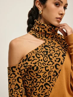 New Turtleneck Cutout Leopard Patchwork Knit Top Sweater Tops|Sweaters & Cardigans