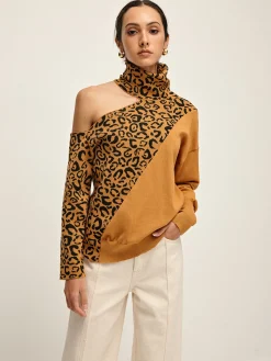 New Turtleneck Cutout Leopard Patchwork Knit Top Sweater Tops|Sweaters & Cardigans