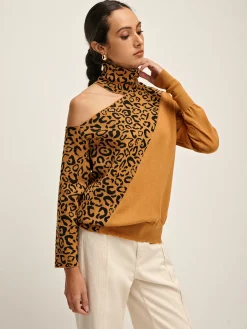 New Turtleneck Cutout Leopard Patchwork Knit Top Sweater Tops|Sweaters & Cardigans