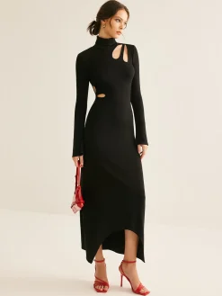 Discount Turtleneck Cutout Slim Dress Black Dresses|Casual Dresses