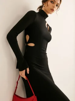 Discount Turtleneck Cutout Slim Dress Black Dresses|Casual Dresses