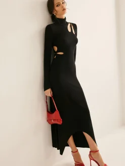 Discount Turtleneck Cutout Slim Dress Black Dresses|Casual Dresses