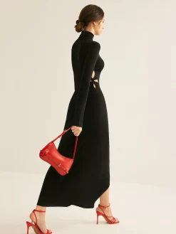 Discount Turtleneck Cutout Slim Dress Black Dresses|Casual Dresses