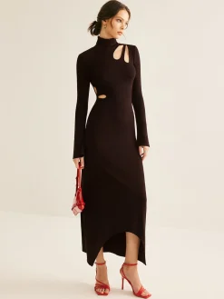 Discount Turtleneck Cutout Slim Dress Black Dresses|Casual Dresses