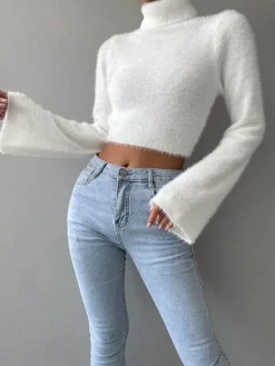Outlet Turtleneck Fuzzy Crop Blouse Crop Tops|Blouses & Shirts