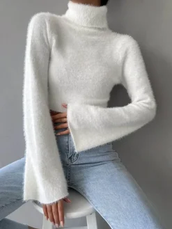 Outlet Turtleneck Fuzzy Crop Blouse Crop Tops|Blouses & Shirts