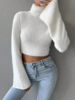 Outlet Turtleneck Fuzzy Crop Blouse Crop Tops|Blouses & Shirts