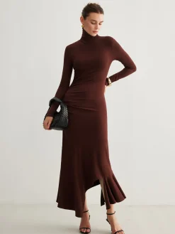 Sale Turtleneck Irregular Pleated Long Dress Casual Dresses|Cocktail & Party Dresses