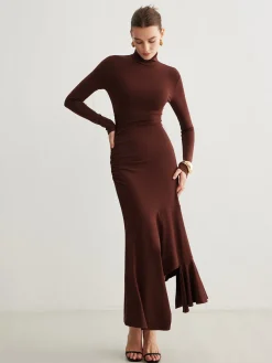 Sale Turtleneck Irregular Pleated Long Dress Casual Dresses|Cocktail & Party Dresses