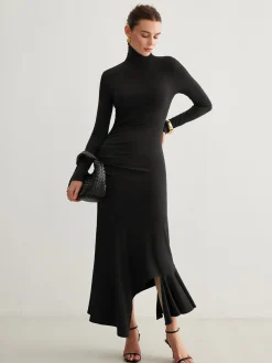 Sale Turtleneck Irregular Pleated Long Dress Casual Dresses|Cocktail & Party Dresses