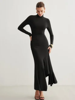Sale Turtleneck Irregular Pleated Long Dress Casual Dresses|Cocktail & Party Dresses